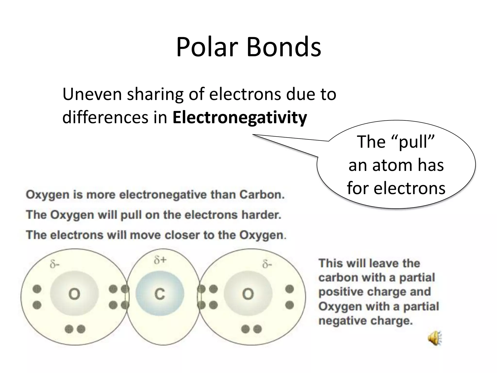 Polar Bonds
Uneven sharing of electrons due to
differences in Electronegativity
The “pull”
an atom has
for electrons
 