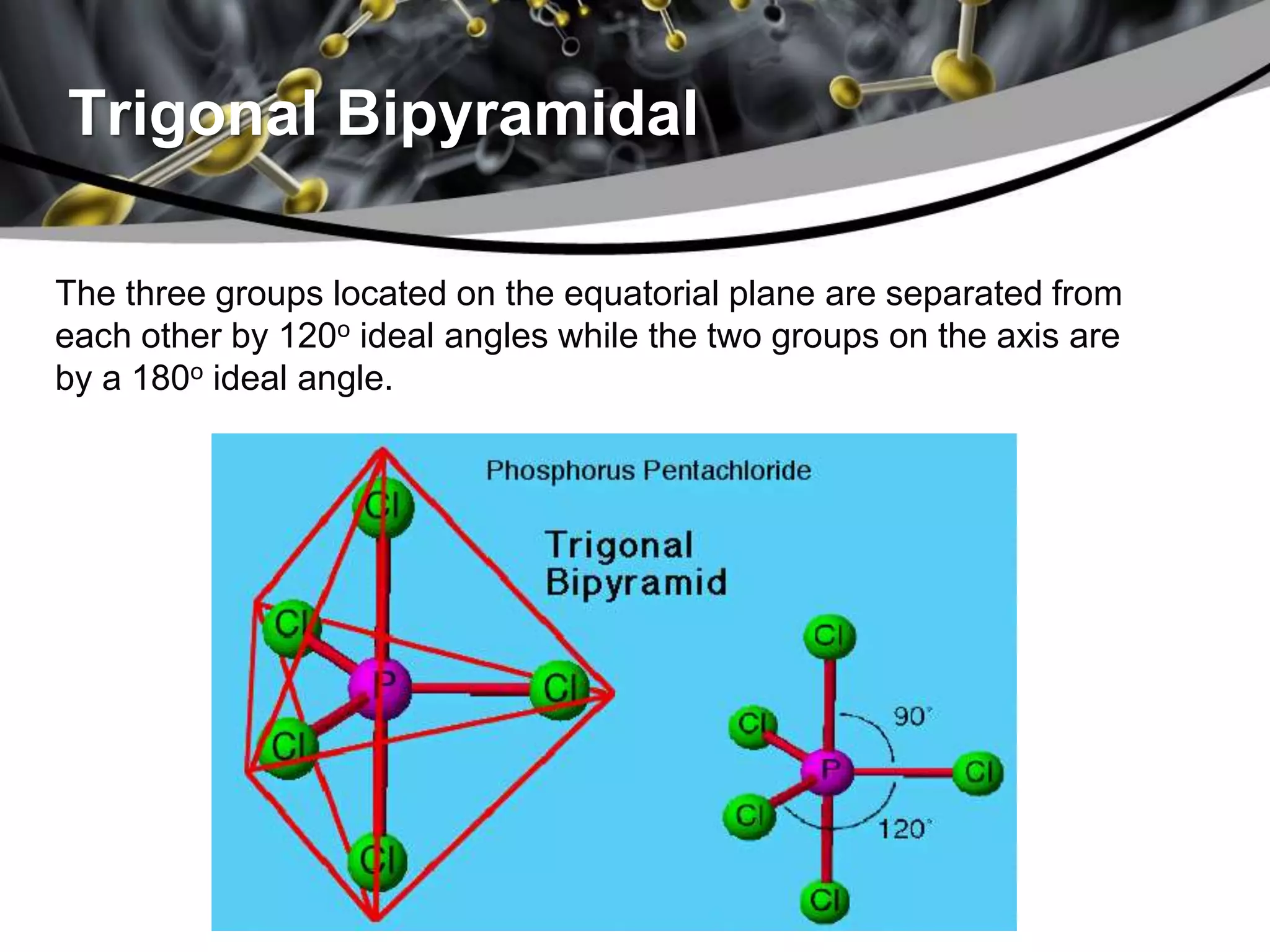Trigonal Bipyramidal
The three groups located on the equatorial plane are separated from
each other by 120o ideal angles while the two groups on the axis are
by a 180o ideal angle.
 