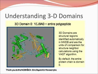 Understanding 3-D Domains Thank you to the NCBI’s Dr. Eric Sayers for the example. 