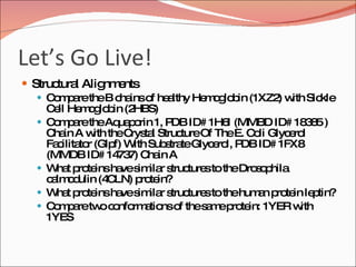 Let’s Go Live! Structural Alignments Compare the B chains of healthy Hemoglobin (1XZ2) with Sickle Cell Hemoglobin (2HBS)  Compare the Aquaporin 1, PDB ID# 1H6I (MMBD ID# 18385 ) Chain A with the Crystal Structure Of The E. Coli Glycerol Facilitator (Glpf) With Substrate Glycerol, PDB ID# 1FX8 (MMDB ID# 14737) Chain A What proteins have similar structures to the Drosophila calmodulin (4CLN) protein? What proteins have similar structures to the human protein leptin? Compare two conformations of the same protein: 1YER with 1YES 