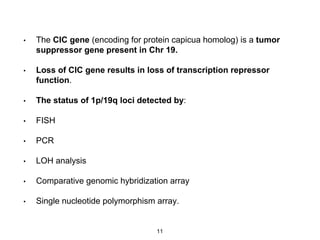 • The CIC gene (encoding for protein capicua homolog) is a tumor
suppressor gene present in Chr 19.
• Loss of CIC gene results in loss of transcription repressor
function.
• The status of 1p/19q loci detected by:
• FISH
• PCR
• LOH analysis
• Comparative genomic hybridization array
• Single nucleotide polymorphism array.
11
 
