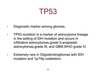 TP53
• Diagnostic marker among gliomas.
• TP53 mutation is a marker of astrocytoma lineage
in the setting of IDH mutation and occurs in
infiltrative astrocytomas,grade II;anaplastic
astrocytomas,grade III; and GBM,WHO grade IV.
• Extremely rare in Oligodendrogliomas with IDH
mutation and 1p/19q codeletion.
20
 