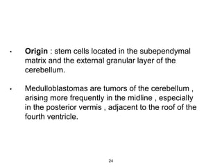 • Origin : stem cells located in the subependymal
matrix and the external granular layer of the
cerebellum.
• Medulloblastomas are tumors of the cerebellum ,
arising more frequently in the midline , especially
in the posterior vermis , adjacent to the roof of the
fourth ventricle.
24
 