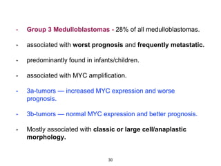 • Group 3 Medulloblastomas - 28% of all medulloblastomas.
• associated with worst prognosis and frequently metastatic.
• predominantly found in infants/children.
• associated with MYC amplification.
• 3a-tumors — increased MYC expression and worse
prognosis.
• 3b-tumors — normal MYC expression and better prognosis.
• Mostly associated with classic or large cell/anaplastic
morphology.
30
 