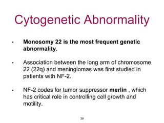 Cytogenetic Abnormality
• Monosomy 22 is the most frequent genetic
abnormality.
• Association between the long arm of chromosome
22 (22q) and meningiomas was first studied in
patients with NF-2.
• NF-2 codes for tumor suppressor merlin , which
has critical role in controlling cell growth and
motility.
39
 