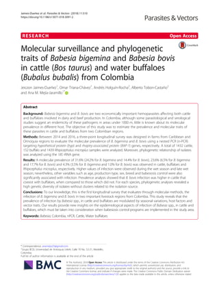 RESEARCH Open Access
Molecular surveillance and phylogenetic
traits of Babesia bigemina and Babesia bovis
in cattle (Bos taurus) and water buffaloes
(Bubalus bubalis) from Colombia
Jeiczon Jaimes-Dueñez1
, Omar Triana-Chávez1
, Andrés Holguín-Rocha2
, Alberto Tobon-Castaño2
and Ana M. Mejía-Jaramillo1*
Abstract
Background: Babesia bigemina and B. bovis are two economically important hemoparasites affecting both cattle
and buffaloes involved in dairy and beef production. In Colombia, although some parasitological and serological
studies suggest an endemicity of these pathogens in areas under 1000 m, little is known about its molecular
prevalence in different host. The objective of this study was to estimate the prevalence and molecular traits of
these parasites in cattle and buffaloes from two Colombian regions.
Methods: Between 2014 and 2016, a three-point longitudinal survey was designed in farms from Caribbean and
Orinoquia regions to evaluate the molecular prevalence of B. bigemina and B. bovis using a nested PCR (n-PCR)
targeting hypothetical protein (hyp) and rhoptry-associated protein (RAP-1) genes, respectively. A total of 1432 cattle,
152 buffalo and 1439 Rhipicephalus microplus samples were analyzed. Moreover, phylogenetic relationship of isolates
was analyzed using the 18S rRNA gene.
Results: A molecular prevalence of 31.6% (24.2% for B. bigemina and 14.4% for B. bovis), 23.6% (6.5% for B. bigemina
and 17.7% for B. bovis) and 4.3% (3.5% for B. bigemina and 1.0% for B. bovis) was observed in cattle, buffaloes and
Rhipicephalus microplus, respectively. Higher values of infection were observed during the wet season and late wet
season; nevertheless, other variables such as age, production type, sex, breed and babesiosis control were also
significantly associated with infection. Prevalence analysis showed that B. bovis infection was higher in cattle that
coexist with buffaloes, when compared to those which did not. For each species, phylogenetic analyses revealed a
high genetic diversity of isolates without clusters related to the isolation source.
Conclusions: To our knowledge, this is the first longitudinal survey that evaluates through molecular methods, the
infection of B. bigemina and B. bovis in two important livestock regions from Colombia. This study reveals that the
prevalence of infection by Babesia spp., in cattle and buffaloes are modulated by seasonal variations, host factors and
vector traits. Our results provide new insights on the epidemiological aspects of infection of Babesia spp., in cattle and
buffaloes, which must be taken into consideration when babesiosis control programs are implemented in the study area.
Keywords: Babesia, Colombia, nPCR, Cattle, Water buffaloes
* Correspondence: anamejia25@gmail.com
1
Grupo BCEI, Universidad de Antioquia UdeA, Calle 70 No. 52-21, Medellín,
Colombia
Full list of author information is available at the end of the article
© The Author(s). 2018 Open Access This article is distributed under the terms of the Creative Commons Attribution 4.0
International License (http://creativecommons.org/licenses/by/4.0/), which permits unrestricted use, distribution, and
reproduction in any medium, provided you give appropriate credit to the original author(s) and the source, provide a link to
the Creative Commons license, and indicate if changes were made. The Creative Commons Public Domain Dedication waiver
(http://creativecommons.org/publicdomain/zero/1.0/) applies to the data made available in this article, unless otherwise stated.
Jaimes-Dueñez et al. Parasites & Vectors (2018) 11:510
https://doi.org/10.1186/s13071-018-3091-2
 