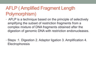 AFLP ( Amplified Fragment Length
Polymorphism)
• AFLP is a technique based on the principle of selectively
amplifying the subset of restriction fragments from a
complex mixture of DNA fragments obtained after the
digestion of genomic DNA with restriction endonucleases.
• Steps :1. Digestion 2. Adaptor ligation 3. Amplification 4.
Electrophoresis
 
