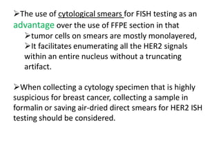The use of cytological smears for FISH testing as an
advantage over the use of FFPE section in that
tumor cells on smears are mostly monolayered,
It facilitates enumerating all the HER2 signals
within an entire nucleus without a truncating
artifact.
When collecting a cytology specimen that is highly
suspicious for breast cancer, collecting a sample in
formalin or saving air-dried direct smears for HER2 ISH
testing should be considered.
 
