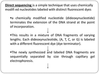 Direct sequencing is a simple technique that uses chemically
modifi ed nucleotides labeled with distinct fluorescent dyes
a chemically modified nucleotide (dideoxynucleotide)
terminates the extension of the DNA strand at the point
of incorporation.
This results in a mixture of DNA fragments of varying
lengths. Each dideoxynucleotide, (A, T, C, or G) is labeled
with a different fluorescent dye (dye terminator).
The newly synthesized and labeled DNA fragments are
sequentially separated by size through capillary gel
electrophoresis.
 