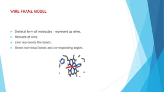 WIRE FRAME MODEL
 Skeletal form of molecules – represent as wires.
 Network of wire.
 Line represents the bonds.
 Shows individual bonds and corresponding angles.
 