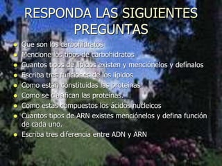 RESPONDA LAS SIGUIENTES
PREGUNTAS
 Que son los carbohidratos
 Mencione los tipos de carbohidratos
 Cuantos tipos de lípidos existen y menciónelos y defínalos
 Escriba tres funciones de los lípidos
 Como están constituidas las proteínas
 Como se clasifican las proteínas.
 Como estas compuestos los ácidos nucleicos
 Cuantos tipos de ARN existes menciónelos y defina función
de cada uno.
 Escriba tres diferencia entre ADN y ARN
 