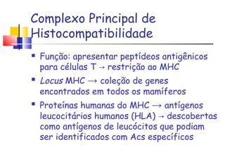 Complexo Principal de
Histocompatibilidade
 Função: apresentar peptídeos antigênicos
para células T restrição ao MHC→
 Locus MHC → coleção de genes
encontrados em todos os mamíferos
 Proteínas humanas do MHC → antígenos
leucocitários humanos (HLA) descobertas→
como antígenos de leucócitos que podiam
ser identificados com Acs específicos
 
