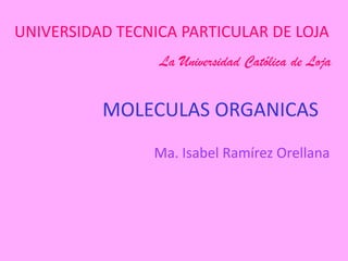 MOLECULAS ORGANICAS  UNIVERSIDAD TECNICA PARTICULAR DE LOJA  La Universidad Católica de Loja Ma. Isabel Ramírez Orellana 