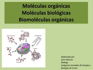 Moléculas orgánicas
 Moléculas biológicas
Biomoléculas orgánicas




                Elaborado por
                Jairo Murcia
                Biólogo
                Imágenes tomadas de Google y
                Biología de Curtis
 