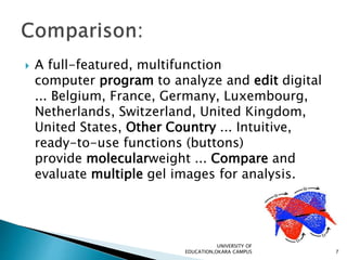  A full-featured, multifunction
computer program to analyze and edit digital
... Belgium, France, Germany, Luxembourg,
Netherlands, Switzerland, United Kingdom,
United States, Other Country ... Intuitive,
ready-to-use functions (buttons)
provide molecularweight ... Compare and
evaluate multiple gel images for analysis.
UNIVERSITY OF
EDUCATION,OKARA CAMPUS 7
 