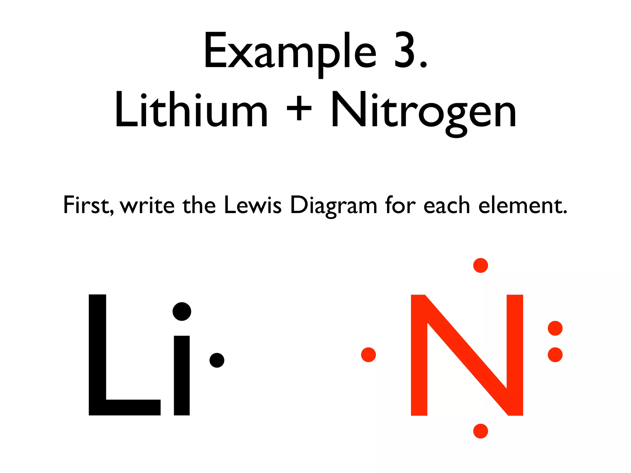 Example 3.
    Lithium + Nitrogen
First, write the Lewis Diagram for each element.




 Li                            N
 
