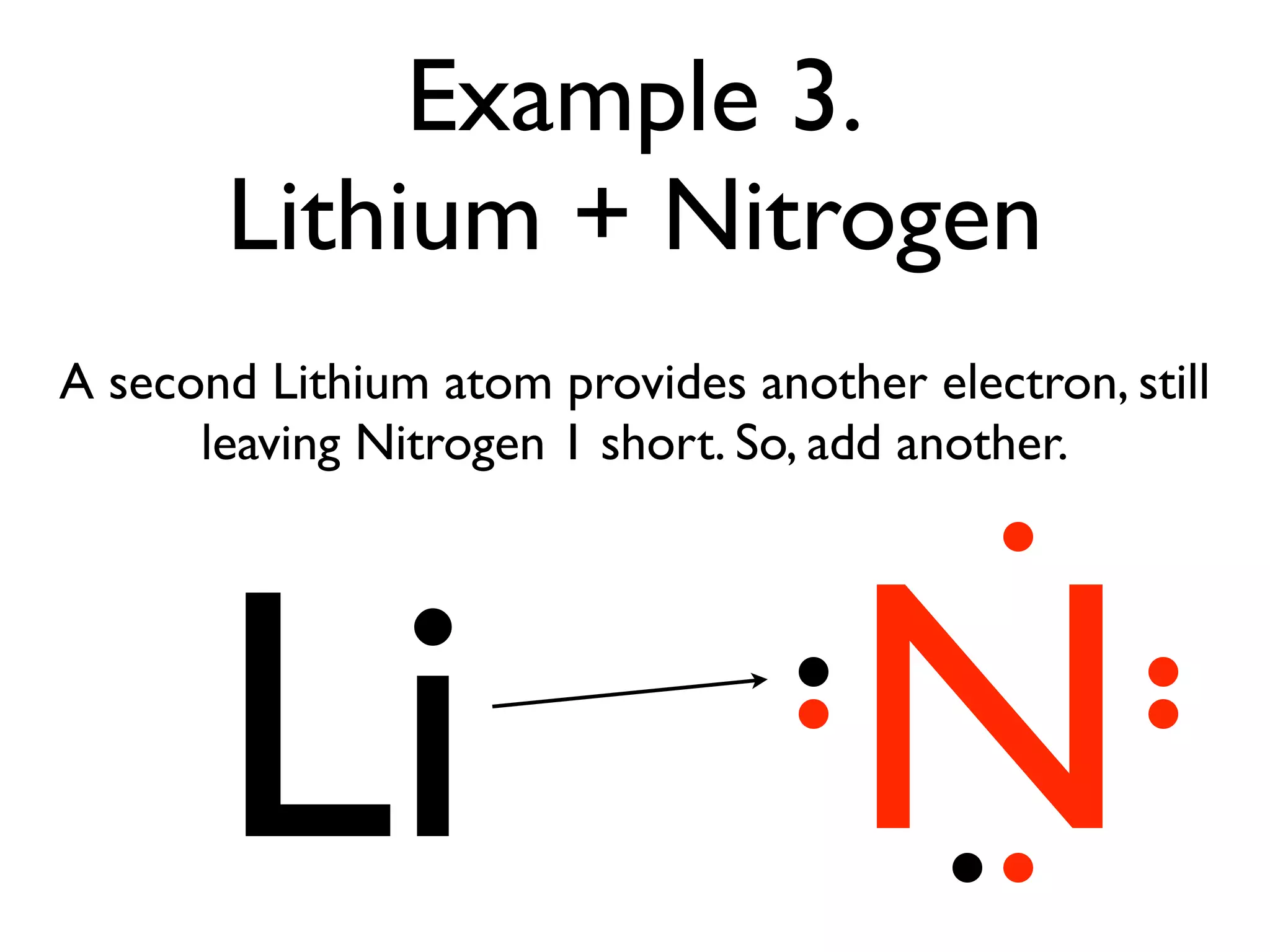 Example 3.
       Lithium + Nitrogen
A second Lithium atom provides another electron, still
      leaving Nitrogen 1 short. So, add another.




       Li                            N
 