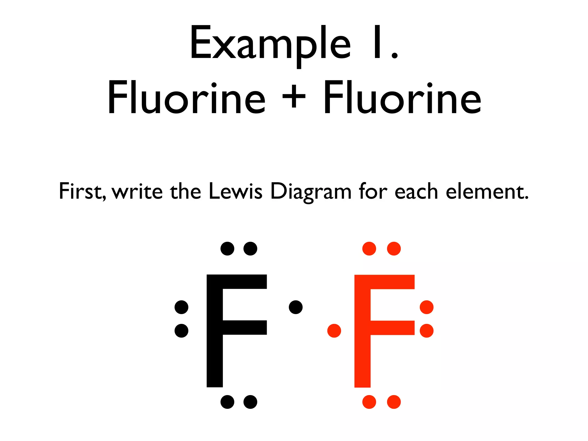 Example 1.
    Fluorine + Fluorine
First, write the Lewis Diagram for each element.




             F F
 