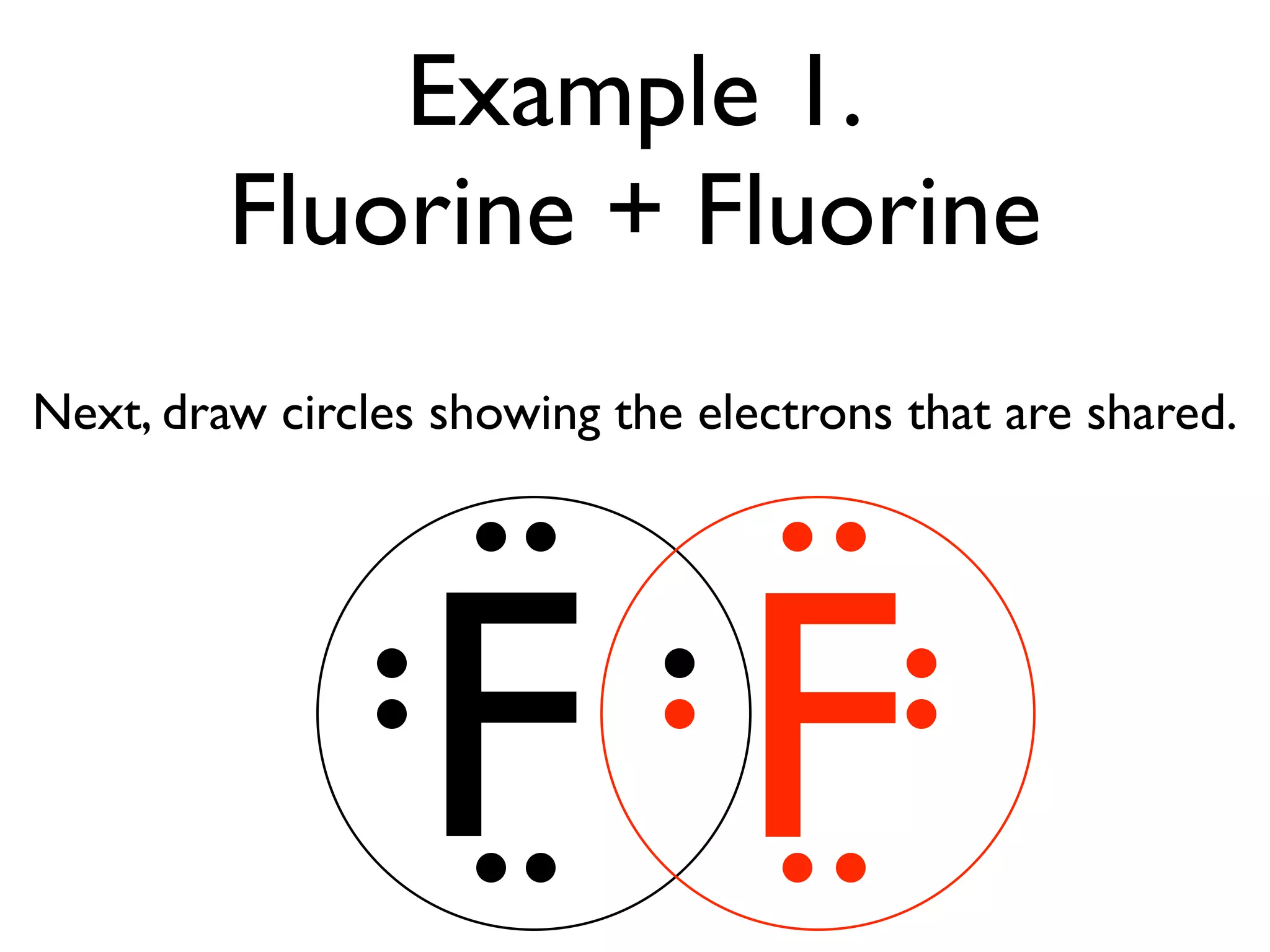 Example 1.
         Fluorine + Fluorine
Next, draw circles showing the electrons that are shared.




                  F F
 