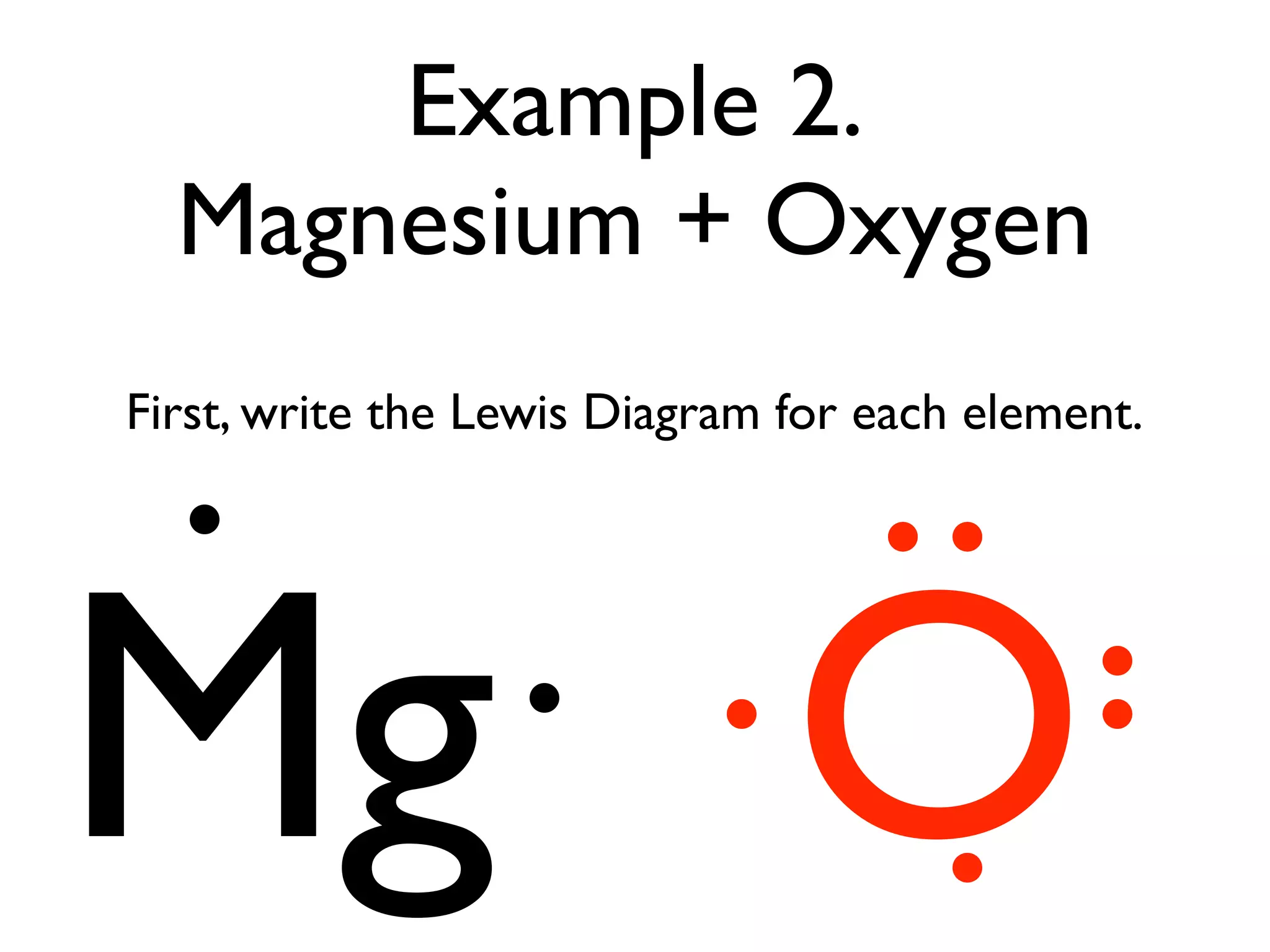 Example 2.
  Magnesium + Oxygen
First, write the Lewis Diagram for each element.




Mg O
 