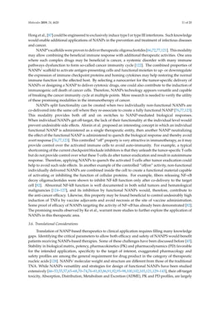 Molecules 2019, 24, 4620 11 of 20
Hong et al., [87] could be engineered to exclusively induce type I or type III interferons. Such knowledge
would enable additional applications of NANPs in the prevention and treatment of infectious diseases
and cancer.
NANP’s scaffolds were proven to deliver therapeutic oligonucleotides [66,72,77,121]. This modality
may allow combining the beneficial immune response with additional therapeutic activities. One area
where such complex drugs may be beneficial is cancer, a systemic disorder with many immune
pathways dysfunction to form so-called cancer immunity cycle [122]. The combined properties of
NANPs’ scaffold to activate antigen-presenting cells and functional moieties to up- or downregulate
the expression of immune checkpoint proteins and homing cytokines may help restoring the normal
immune function in the affected host. By selecting a nanocarrier for the tumor-specific delivery of
NANPs or designing a NANP to deliver cytotoxic drugs, one could also contribute to the induction of
immunogenic cell death of cancer cells. Therefore, NANPs technology appears versatile and capable
of breaking the cancer immunity cycle at multiple points. More research is needed to verify the utility
of these promising modalities in the immunotherapy of cancer.
NANPs split functionality can be created when two individually non-functional NANPs are
co-delivered into the same cell where they re-associate to create a fully functional NANP [76,77,123].
This modality provides both off and on switches to NANP-mediated biological responses.
When individual NANPs get off-target, the lack of their functionality at the individual level would
prevent undesirable side effects. Afonin et al. proposed an interesting concept in which an individual
functional NANP is administered as a single therapeutic entity, then another NANP neutralizing
the effect of the functional NANP is administered to quench the biological response and thereby avoid
avert response [76,77,123]. This controlled “off” property is very attractive in immunotherapy, as it may
provide control over the activated immune cells to avoid auto-immunity. For example, a typical
shortcoming of the current checkpoint blockade inhibitors is that they unleash the tumor-specific T-cells
but do not provide control over what these T-cells do after tumor eradication and result in autoimmune
response. Therefore, applying NANPs to quench the activated T-cells after tumor eradication could
help to avoid such side effects. In another example of the controlled “off/on” activity, non-functional
individually delivered NANPs are combined inside the cell to create a functional material capable
of activating or inhibiting the function of cellular proteins. For example, fibers releasing NF-κB
decoy oligonucleotides were shown to inhibit NF-kB function only after co-delivery to the target
cell [82]. Abnormal NF-kB function is well documented in both solid tumors and hematological
malignancies [124–127], and its inhibition by functional NANPs would, therefore, contribute to
the anti-cancer efficacy. Likewise, this property may be found beneficial to control undesirably high
induction of TNFα by vaccine adjuvants and avoid necrosis at the site of vaccine administration.
Some proof of efficacy of NANPs targeting the activity of NF-κB has already been demonstrated [82].
The promising results observed by Ke et al., warrant more studies to further explore the application of
NANPs in this therapeutic area.
3.6. Translational Considerations
Translation of NANP-based therapeutics to clinical application requires filling many knowledge
gaps. Identifying the critical parameters to allow both efficacy and safety of NANPS would benefit
patients receiving NANPs-based therapies. Some of these challenges have been discussed before [45].
Stability in biological matrix, potency, pharmacokinetics (PK) and pharmacodynamics (PD) favorable
for the intended application, specificity to the target of interest, exaggerated pharmacology and
safety profiles are among the general requirement for drug product in the category of therapeutic
nucleic acids [128]. NANPs’ molecular weight and structure are different from those of the traditional
TNA. While NANPs versatility and strategies for design of functional NANPs have been studied
extensively [46–53,55,57,65–68,70–74,76–81,83,86,91,92,95–98,100,102,103,121,129–143], their off-target
toxicity, Absorption, Distribution, Metabolism and Excretion (ADME), PK and PD profiles, are largely
 
