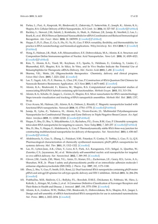 Molecules 2019, 24, 4620 17 of 20
84. Parlea, L.; Puri, A.; Kasprzak, W.; Bindewald, E.; Zakrevsky, P.; Satterwhite, E.; Joseph, K.; Afonin, K.A.;
Shapiro, B.A. Cellular Delivery of RNA Nanoparticles. ACS Comb. Sci. 2016, 18, 527–547. [CrossRef] [PubMed]
85. Rackley, L.; Stewart, J.M.; Salotti, J.; Krokhotin, A.; Shah, A.; Halman, J.R.; Juneja, R.; Smollett, J.; Lee, L.;
Roark, K.; et al. RNA Fibers as Optimized Nanoscaffolds for siRNA Coordination and Reduced Immunological
Recognition. Adv. Funct. Mater. 2018, 28, 1805959. [CrossRef] [PubMed]
86. Haque, F.; Pi, F.; Zhao, Z.; Gu, S.; Hu, H.; Yu, H.; Guo, P. RNA versatility, flexibility, and thermostability for
practice in RNA nanotechnology and biomedical applications. Wiley Interdiscip. Rev. RNA 2018, 9. [CrossRef]
[PubMed]
87. Hong, E.; Halman, J.R.; Shah, A.B.; Khisamutdinov, E.F.; Dobrovolskaia, M.A.; Afonin, K.A. Structure and
Composition Define Immunorecognition of Nucleic Acid Nanoparticles. Nano Lett. 2018, 18, 4309–4321.
[CrossRef] [PubMed]
88. Kim, T.; Afonin, K.A.; Viard, M.; Koyfman, A.Y.; Sparks, S.; Heldman, E.; Grinberg, S.; Linder, C.;
Blumenthal, R.P.; Shapiro, B.A. In Silico, In Vitro, and In Vivo Studies Indicate the Potential Use of
Bolaamphiphiles for Therapeutic siRNAs Delivery. Mol. Nucleic Acids 2013, 2, e80. [CrossRef]
89. Sharma, V.K.; Watts, J.K. Oligonucleotide therapeutics: Chemistry, delivery and clinical progress.
Future Med. Chem. 2015, 7, 2221–2242. [CrossRef]
90. Lee, T.; Yagati, A.K.; Pi, F.; Sharma, A.; Choi, J.W.; Guo, P. Construction of RNA-Quantum Dot Chimera for
Nanoscale Resistive Biomemory Application. ACS Nano 2015, 9, 6675–6682. [CrossRef]
91. Afonin, K.A.; Bindewald, E.; Kireeva, M.; Shapiro, B.A. Computational and experimental studies of
reassociating RNA/DNA hybrids containing split functionalities. Methods Enzym. 2015, 553, 313–334.
92. Afonin, K.A.; Schultz, D.; Jaeger, L.; Gwinn, E.; Shapiro, B.A. Silver nanoclusters for RNA nanotechnology:
Steps towards visualization and tracking of RNA nanoparticle assemblies. Methods Mol. Biol. 2015, 1297,
59–66.
93. Cruz-Acuna, M.; Halman, J.R.; Afonin, K.A.; Dobson, J.; Rinaldi, C. Magnetic nanoparticles loaded with
functional RNA nanoparticles. Nanoscale 2018, 10, 17761–17770. [CrossRef] [PubMed]
94. Juneja, R.; Lyles, Z.; Vadarevu, H.; Afonin, K.A.; Vivero-Escoto, J.L. Multimodal Polysilsesquioxane
Nanoparticles for Combinatorial Therapy and Gene Delivery in Triple-Negative Breast Cancer. Acs Appl.
Mater. Interfaces 2019, 11, 12308–12320. [CrossRef] [PubMed]
95. Haque, F.; Shu, D.; Shu, Y.; Shlyakhtenko, L.S.; Rychahou, P.G.; Evers, B.M.; Guo, P. Ultrastable synergistic
tetravalent RNA nanoparticles for targeting to cancers. Nano Today 2012, 7, 245–257. [CrossRef] [PubMed]
96. Shu, D.; Shu, Y.; Haque, F.; Abdelmawla, S.; Guo, P. Thermodynamically stable RNA three-way junction for
constructing multifunctional nanoparticles for delivery of therapeutics. Nat. Nanotechnol. 2011, 6, 658–667.
[CrossRef] [PubMed]
97. Abdelmawla, S.; Guo, S.; Zhang, L.; Pulukuri, S.M.; Patankar, P.; Conley, P.; Trebley, J.; Guo, P.; Li, Q.X.
Pharmacological characterization of chemically synthesized monomeric phi29 pRNA nanoparticles for
systemic delivery. Mol. Ther. 2011, 19, 1312–1322. [CrossRef]
98. Lee, H.; Lytton-Jean, A.K.; Chen, Y.; Love, K.T.; Park, A.I.; Karagiannis, E.D.; Sehgal, A.; Querbes, W.;
Zurenko, C.S.; Jayaraman, M.; et al. Molecularly self-assembled nucleic acid nanoparticles for targeted
in vivo siRNA delivery. Nat. Nanotechnol. 2012, 7, 389–393. [CrossRef]
99. Glover, J.M.; Leeds, J.M.; Mant, T.G.; Amin, D.; Kisner, D.L.; Zuckerman, J.E.; Geary, R.S.; Levin, A.A.;
Shanahan, W.R., Jr. Phase I safety and pharmacokinetic profile of an intercellular adhesion molecule-1
antisense oligodeoxynucleotide (ISIS 2302). J. Pharm. Exp. 1997, 282, 1173–1180.
100. Zhou, J.; Shu, Y.; Guo, P.; Smith, D.D.; Rossi, J.J. Dual functional RNA nanoparticles containing phi29 motor
pRNA and anti-gp120 aptamer for cell-type specific delivery and HIV-1 inhibition. Methods 2011, 54, 284–294.
[CrossRef]
101. PrabhuDas, M.R.; Baldwin, C.L.; Bollyky, P.L.; Bowdish, D.M.E.; Drickamer, K.; Febbraio, M.; Herz, J.;
Kobzik, L.; Krieger, M.; Loike, J.; et al. A Consensus Definitive Classification of Scavenger Receptors and
Their Roles in Health and Disease. J. Immunol. 2017, 198, 3775–3789. [CrossRef]
102. Afonin, K.A.; Grabow, W.W.; Walker, F.M.; Bindewald, E.; Dobrovolskaia, M.A.; Shapiro, B.A.; Jaeger, L.
Design and self-assembly of siRNA-functionalized RNA nanoparticles for use in automated nanomedicine.
Nat. Protoc. 2011, 6, 2022–2034. [CrossRef]
 