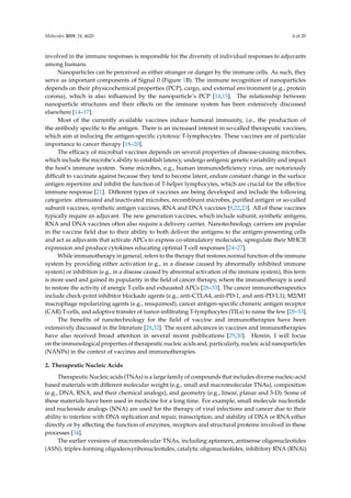 Molecules 2019, 24, 4620 4 of 20
involved in the immune responses is responsible for the diversity of individual responses to adjuvants
among humans.
Nanoparticles can be perceived as either stranger or danger by the immune cells. As such, they
serve as important components of Signal 0 (Figure 1B). The immune recognition of nanoparticles
depends on their physicochemical properties (PCP), cargo, and external environment (e.g., protein
corona), which is also influenced by the nanoparticle’s PCP [14,15]. The relationship between
nanoparticle structures and their effects on the immune system has been extensively discussed
elsewhere [14–17].
Most of the currently available vaccines induce humoral immunity, i.e., the production of
the antibody specific to the antigen. There is an increased interest in so-called therapeutic vaccines,
which aim at inducing the antigen-specific cytotoxic T-lymphocytes. These vaccines are of particular
importance to cancer therapy [18–20].
The efficacy of microbial vaccines depends on several properties of disease-causing microbes,
which include the microbe’s ability to establish latency, undergo antigenic genetic variability and impact
the host’s immune system. Some microbes, e.g., human immunodeficiency virus, are notoriously
difficult to vaccinate against because they tend to become latent, endure constant change in the surface
antigen repertoire and inhibit the function of T-helper lymphocytes, which are crucial for the effective
immune response [21]. Different types of vaccines are being developed and include the following
categories: attenuated and inactivated microbes, recombinant microbes, purified antigen or so-called
subunit vaccines, synthetic antigen vaccines, RNA and DNA vaccines [8,22,23]. All of these vaccines
typically require an adjuvant. The new generation vaccines, which include subunit, synthetic antigens,
RNA and DNA vaccines often also require a delivery carrier. Nanotechnology carriers are popular
in the vaccine field due to their ability to both deliver the antigens to the antigen-presenting cells
and act as adjuvants that activate APCs to express co-stimulatory molecules, upregulate their MHCII
expression and produce cytokines educating optimal T-cell responses [24–27].
While immunotherapy in general, refers to the therapy that restores normal function of the immune
system by providing either activation (e.g., in a disease caused by abnormally inhibited immune
system) or inhibition (e.g., in a disease caused by abnormal activation of the immune system), this term
is more used and gained its popularity in the field of cancer therapy, where the immunotherapy is used
to restore the activity of anergic T-cells and exhausted APCs [28–33]. The cancer immunotherapeutics
include check-point inhibitor blockade agents (e.g., anti-CTLA4, anti-PD-1, and anti-PD-L1), M2/M1
macrophage repolarizing agents (e.g., resiquimod), cancer antigen-specific chimeric antigen receptor
(CAR) T-cells, and adoptive transfer of tumor-infiltrating T-lymphocytes (TILs) to name the few [28–33].
The benefits of nanotechnology for the field of vaccine and immunotherapies have been
extensively discussed in the literature [28,32]. The recent advances in vaccines and immunotherapies
have also received broad attention in several recent publications [29,30]. Herein, I will focus
on the immunological properties of therapeutic nucleic acids and, particularly, nucleic acid nanoparticles
(NANPs) in the context of vaccines and immunotherapies.
2. Therapeutic Nucleic Acids
Therapeutic Nucleic acids (TNAs) is a large family of compounds that includes diverse nucleic-acid
based materials with different molecular weight (e.g., small and macromolecular TNAs), composition
(e.g., DNA, RNA, and their chemical analogs), and geometry (e.g., linear, planar and 3-D). Some of
these materials have been used in medicine for a long time. For example, small molecule nucleotide
and nucleoside analogs (NNA) are used for the therapy of viral infections and cancer due to their
ability to interfere with DNA replication and repair, transcription, and stability of DNA or RNA either
directly or by affecting the function of enzymes, receptors and structural proteins involved in these
processes [34].
The earlier versions of macromolecular TNAs, including aptamers, antisense oligonucleotides
(ASN), triplex-forming oligodeoxyribonucleotides, catalytic oligonucleotides, inhibitory RNA (RNAi)
 