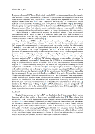 Molecules 2019, 24, 4620 8 of 20
Tetrahedron-forming NANPs used for the delivery of siRNA were demonstrated in another study to
have a short (~24.2 min) plasma half-life; these particles distributed to the tumor and were observed
in the kidney suggesting renal clearance [98]. These findings are in agreement with clinical data
reported with traditional TNA [99]. Afonin’s lab reported that hybrid NANPs accumulated in tumors
but were also detected in the heart, lungs, liver, spleen, kidney, brain, and bladder [73]. The findings
from this group also support renal clearance as the main route of NANPs elimination from the body.
The accumulation of NANPs in other tissues observed in this study may be explained by the higher
dose and greater stability of these NANPs, as opposed to the materials investigated in other studies.
Locally delivered NANPs distribute through the lymphatic system. Guo’s lab compared
the distribution of 3WJ and 4 WJ NANPs to sclera and retina after topical and subconjunctival
administration and found that only 4WJ NANPs reach retinal cells while other studied NANPs
distribute to cornea, sclera, and conjunctiva [78].
Targeted delivery of NANPs to cells of interest could be achieved by adding aptamers to their
structures or by providing delivery vehicles. For example, Shu et al. demonstrated the delivery of
3WJ nanoparticles into cancer cells overexpressing folate receptor by attaching the folate to these
NANPs [66]. In another study, an aptamer binding to the HIV gp120 protein was used to target
pRNA nanoparticles to the HIVgp120-expressing cells [100]. A recent study in healthy human
peripheral blood mononuclear cells (PBMCs) demonstrated that NANPs of various compositions and
geometric shapes are taken up by monocytes via endolysosomal pathway after the complexation with
lipofectamine, but remain in the extracellular space without such complexation [87]. Interestingly,
these data contrast NANPs to traditional TNAs that do not require a carrier and are internalized via
pino- and podocytosis pathways [40]. Respectively, the ODN2216, an oligonucleotide used in this
study as the positive control, did not require the carrier to enter the cells and elicit an inflammatory
response [87]. Another interesting finding from this study is that the uptake of NANPs-lipofectamine
complex is mediated by the scavenger receptor [87]. Scavenger receptors on mononuclear phagocytic
cells are known for their role in clearing up polyanionic materials, including self-DNA released from
dead cells and therapeutic oligonucleotides [101]. It is very interesting that NANPs are not captured by
these receptors until they are concentrated and presented by the lipid carrier. The secondary structure
of these materials may be responsible for this phenomenon. These findings also suggest that one can
control immunological recognition of NANPs by directing them to or bypassing the endolysosomal
pathway via complexation with different carriers. More research is obviously needed in this area.
Hybrid NANPs were also shown to accumulate in the endosomal compartment of cancer cells [73].
Similar to the PBMC study by Hong et al., [87] NANPs, in this case, were also complexed with
lipofectamine carrier prior to the addition to the cancer cells; the role of the receptor(s) involved
in the uptake, however, was not investigated [73].
3.3. Toxicity
Despite the documented fact that NANPs can distribute to the off-target organs (brain, kidney,
liver, and spleen), their toxicity to these organs is not fully understood [73]. The available data
suggest that NANPs are well tolerated by animals at the doses required to achieve desired therapeutic
effects [66,96,97]. However, dose range-finding studies to establish the maximum tolerated dose (MTD)
for individual NANPs have not been conducted. It would be interesting to see how MTD of the same
NANP depends on the route of administration, a carrier (if the carrier is used) and dosing regimen.
So far, all in vivo studies investigating NANPs general toxicity were conducted in mice. It would be
interesting to see how these materials are tolerated by other rodents (e.g., rats) and different animal
species (e.g., dogs and non-human primates). Potential developmental and reproductive toxicity as
well as genotoxicity of NANPs is a gray area and needs thorough investigation.
 