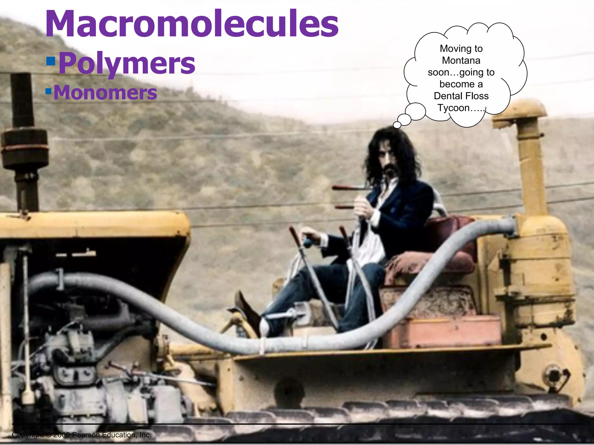 Macromolecules   Polymers   Monomers Copyright © 2009 Pearson Education, Inc. Moving to Montana soon…going to become a Dental Floss Tycoon….. 