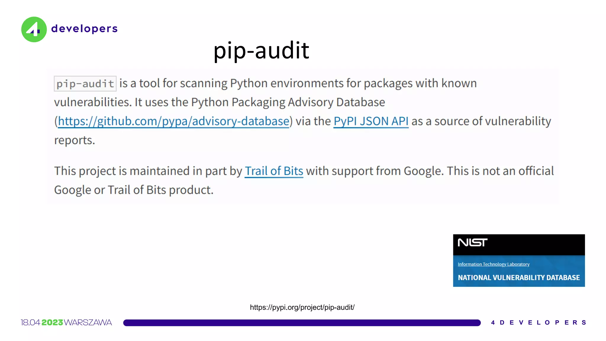 pip-audit
https://pypi.org/project/pip-audit/
 