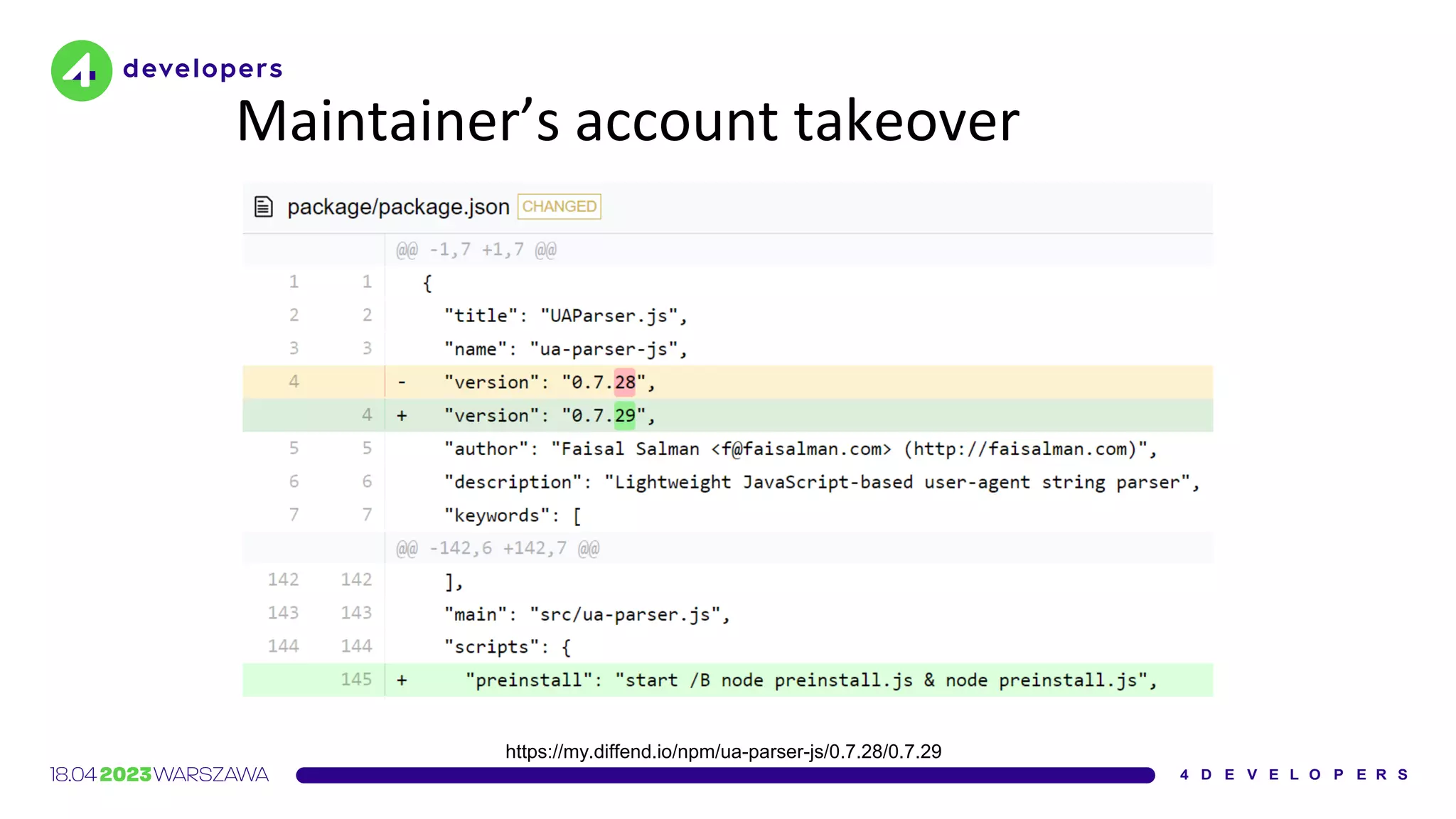 Maintainer’s account takeover
https://my.diffend.io/npm/ua-parser-js/0.7.28/0.7.29
 