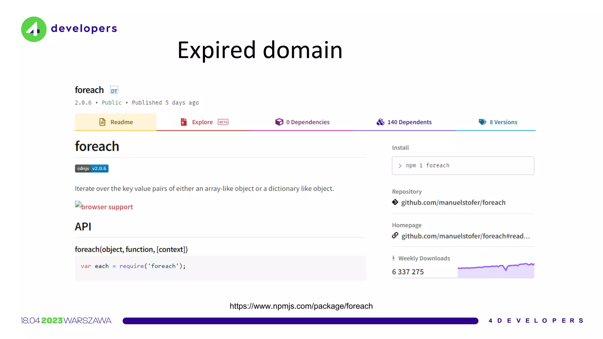 Expired domain
https://www.npmjs.com/package/foreach
 