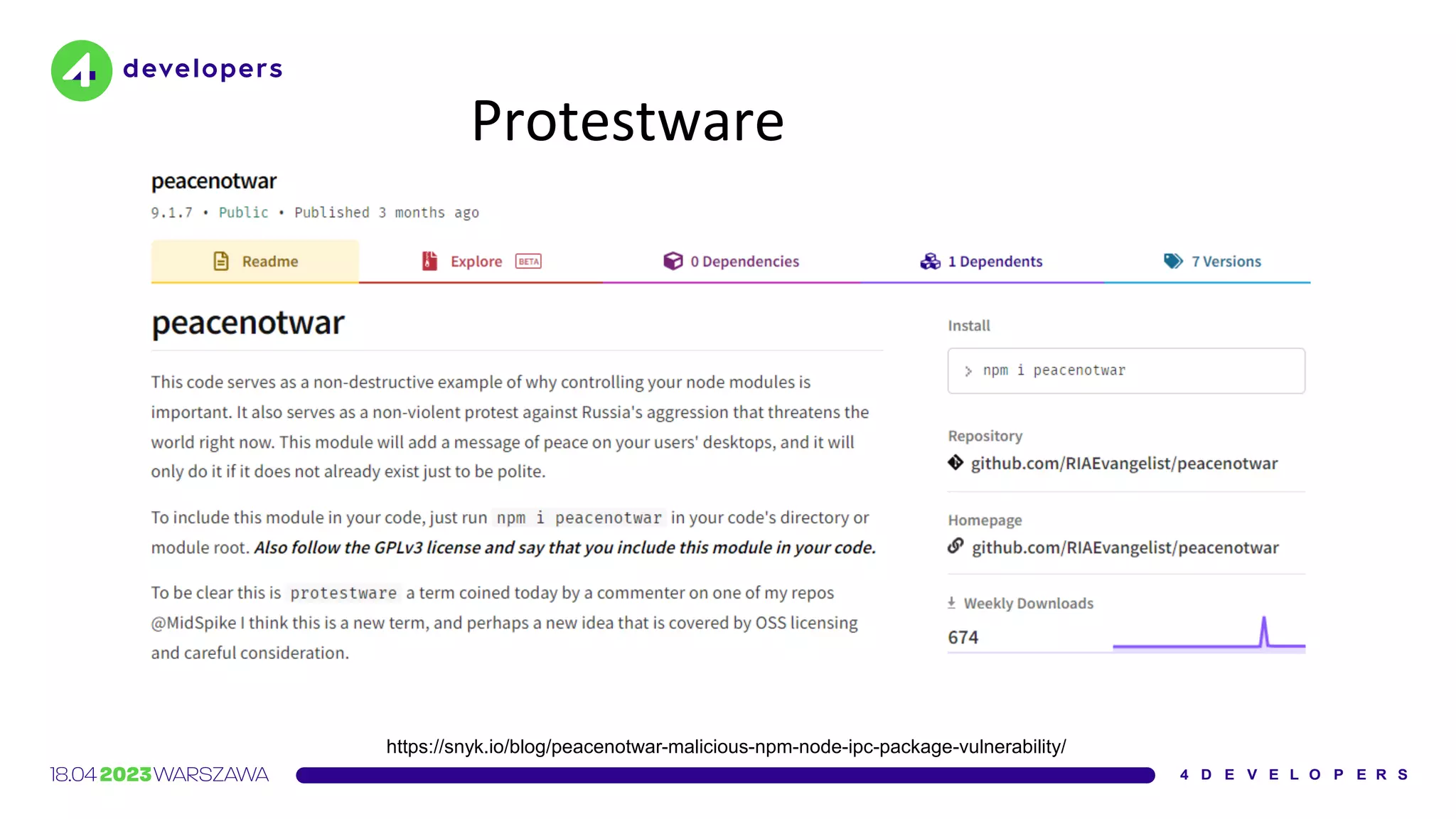 Protestware
https://snyk.io/blog/peacenotwar-malicious-npm-node-ipc-package-vulnerability/
 
