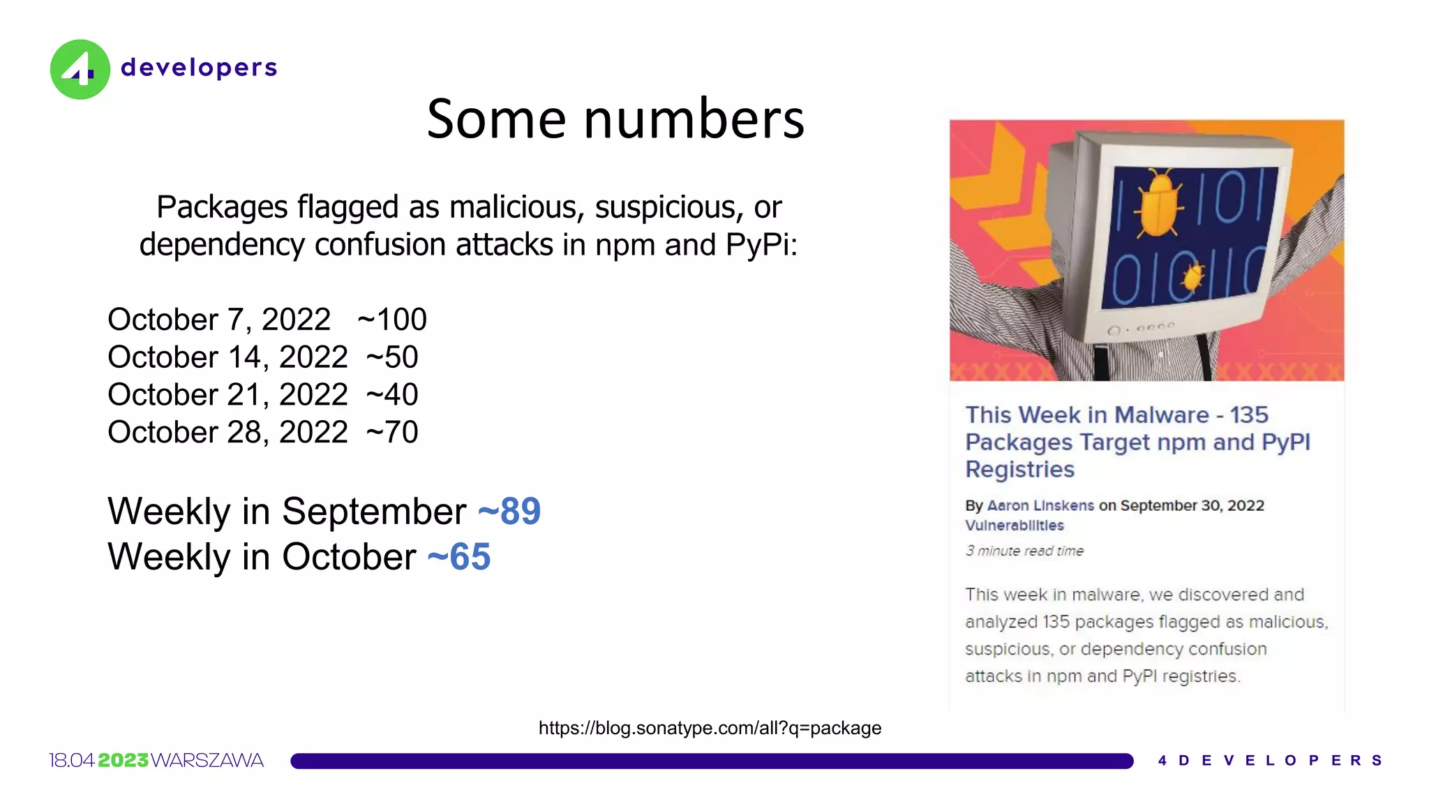 https://blog.sonatype.com/all?q=package
Some numbers
Packages flagged as malicious, suspicious, or
dependency confusion attacks in npm and PyPi:
October 7, 2022 ~100
October 14, 2022 ~50
October 21, 2022 ~40
October 28, 2022 ~70
Weekly in September ~89
Weekly in October ~65
 