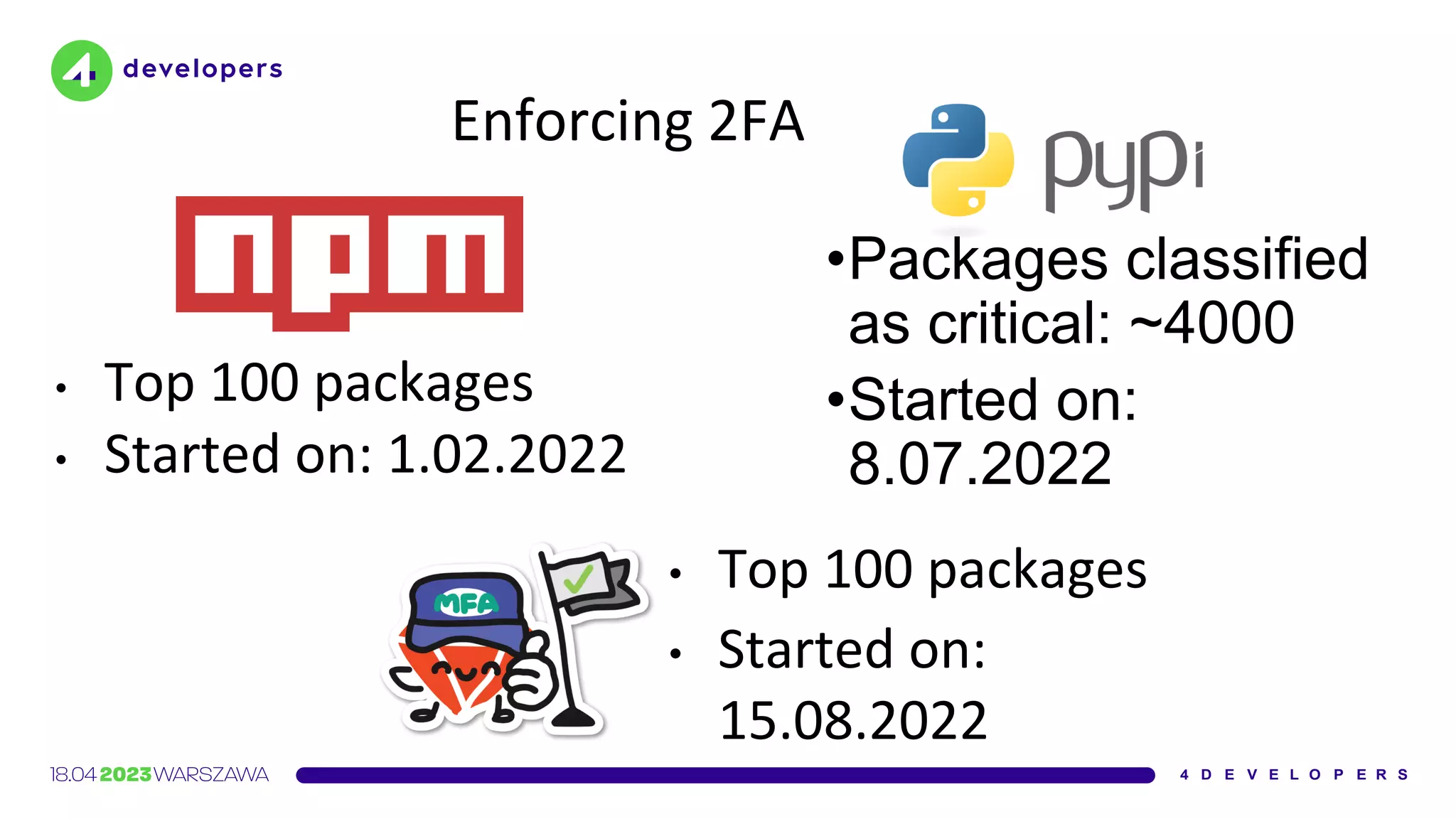 Enforcing 2FA
• Top 100 packages
• Started on: 1.02.2022
•Packages classified
as critical: ~4000
•Started on:
8.07.2022
• Top 100 packages
• Started on:
15.08.2022
 
