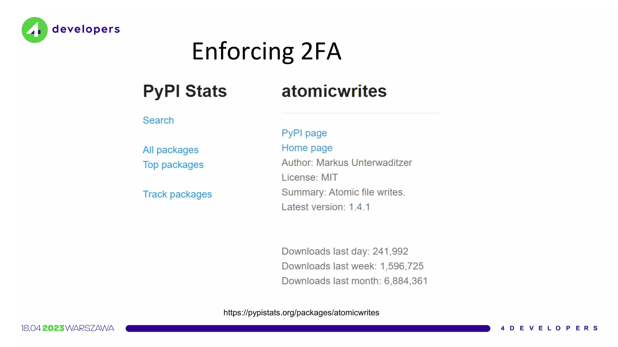 Enforcing 2FA
https://pypistats.org/packages/atomicwrites
 