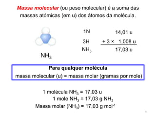 61N14,01 u3H+ 3 ×   1,008 u NH317,03 uMassa molecular (ou peso molecular) é a soma das massas atómicas (em u) dos átomos da molécula.NH3Para qualquer molécula massa molecular (u) = massa molar (gramas por mole)     1 molécula NH3 = 17,03 u            1 mole NH3 = 17,03 g NH3Massa molar (NH3) =17,03 g mol-1