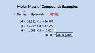 Molar Mass of Compounds Examples
• Aluminum Hydroxide Al(OH)3
Al =
O =
26.982
15.999
X 1
X 3
= 26.982
= 47.997
+
78.003 = 78.00 g/mol
H = 1.008 X 3 = 3.024
+3 -1
 