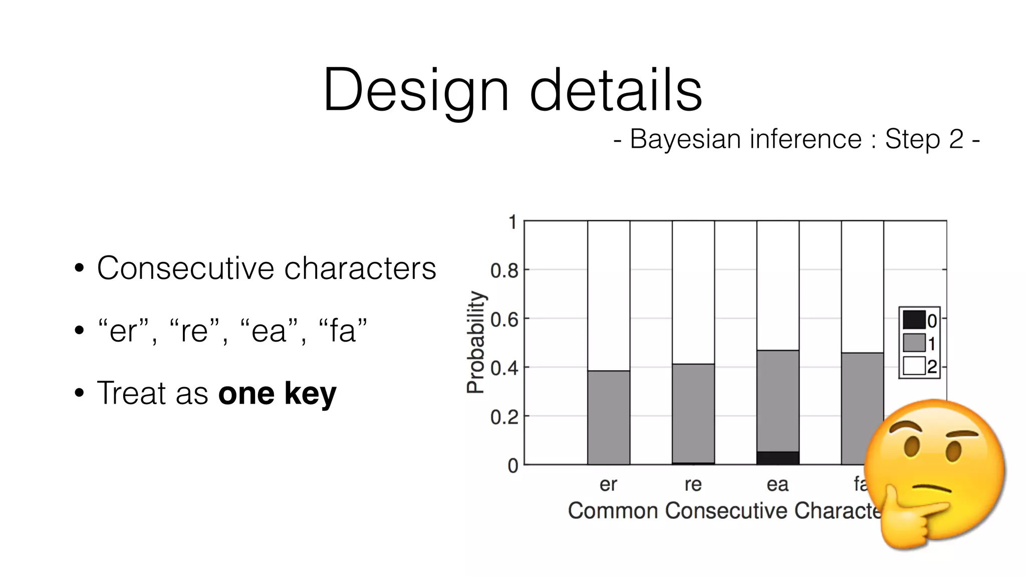Design details
- Bayesian inference : Step 2 -
• Consecutive characters
• “er”, “re”, “ea”, “fa”
• Treat as one key
🤔
 