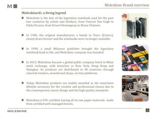 3
Moleskine Brand overview
Moleskine®: a living legend
Moleskine is the heir of the legendary notebook used for the past
two centuries by artists and thinkers, from Vincent Van Gogh to
Pablo Picasso, from Ernest Hemingway to Bruce Chatwin.
In 1986, the original manufacturer, a family in Tours (France),
closed down forever and the notebooks were no longer available.
In 1998, a small Milanese publisher brought the legendary
notebook back to life, and Moleskine company was founded.
In 2013, Moleskine became a global public company listed in Milan
stock exchange, with branches in New York, Hong Kong and
Shanghai. Its products are distributed in 90 countries through
selected retailers, monobrand shops, on-line platforms.
Today, Moleskine products are widely awarded as the must-have
lifestyle accessory for the creative and professional classes due to
the contemporary classic design and the high quality standards.
Moleskine is FSC certified, having all its raw paper materials made
from certified well-managed forests.
 