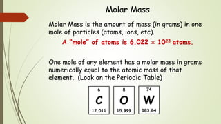 Molar Mass
Molar Mass is the amount of mass (in grams) in one
mole of particles (atoms, ions, etc).
A “mole” of atoms is 6.022  1023 atoms.
One mole of any element has a molar mass in grams
numerically equal to the atomic mass of that
element. (Look on the Periodic Table)
74
W
183.84
6
C
12.011
8
O
15.999
 