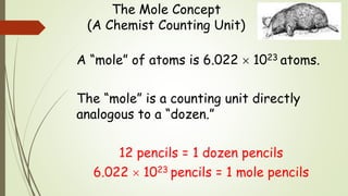 The Mole Concept
(A Chemist Counting Unit)
A “mole” of atoms is 6.022  1023 atoms.
The “mole” is a counting unit directly
analogous to a “dozen.”
12 pencils = 1 dozen pencils
6.022  1023 pencils = 1 mole pencils
 