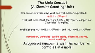 The Mole Concept
(A Chemist Counting Unit)
Here are a few other ways you’ll see this number expressed:
6.022  1023 mol-1
This just means that there are 6.022  1023 “particles” per mol.
(“particles” is implied)
You’ll also see NA = 6.022  1023 mol-1 and N0 = 6.022  1023 mol-1
Remember, “particles” can be atoms, electrons, cations,
anions…anything!
Avogadro’s number is just the number of
particles in a mole!
 