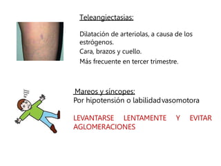 Teleangiectasias:
Dilatación de arteriolas, a causa de los
estrógenos.
Cara, brazos y cuello.
Más frecuente en tercer trimestre.
Mareos y síncopes:
Por hipotensión o labilidadvasomotora
LEVANTARSE LENTAMENTE Y EVITAR
AGLOMERACIONES
 