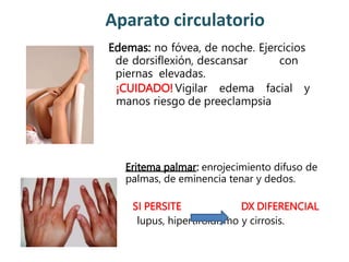 Edemas: no fóvea, de noche. Ejercicios
de dorsiflexión, descansar con
piernas elevadas.
¡CUIDADO! Vigilar edema facial y
manos riesgo de preeclampsia
Eritema palmar: enrojecimiento difuso de
palmas, de eminencia tenar y dedos.
SI PERSITE DX DIFERENCIAL
lupus, hipertiroidismo y cirrosis.
Aparato circulatorio
 