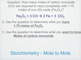 Question: How many moles of carbon monoxide 
(CO) are required to react completely with 1.75 
moles of iron (III) oxide (Fe2O3)? 
Fe2O3 + 3 CO  2 Fe + 3 CO2 
2. Use the question to determine what you have 
1.75 moles of Fe2O3 
3. Use the question to determine what you want to know 
Moles of carbon monoxide 
Stoichiometry - Mole to Mole 
 