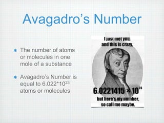 Avagadro’s Number 
The number of atoms 
or molecules in one 
mole of a substance 
Avagadro’s Number is 
equal to 6.022*1023 
atoms or molecules 
 