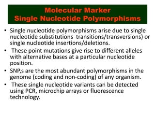 Molecular Marker
Single Nucleotide Polymorphisms
• Single nucleotide polymorphisms arise due to single
nucleotide substitutions transitions/transversions) or
single nucleotide insertions/deletions.
• These point mutations give rise to different alleles
with alternative bases at a particular nucleotide
position.
• SNP,s are the most abundant polymorphisms in the
genome (coding and non-coding) of any organism.
• These single nucleotide variants can be detected
using PCR, microchip arrays or fluorescence
technology.
 