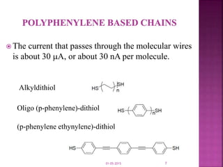  The current that passes through the molecular wires
is about 30 A, or about 30 nA per molecule.
Alkyldithiol
Oligo (p-phenylene)-dithiol
(p-phenylene ethynylene)-dithiol
01-05-2015 7
 