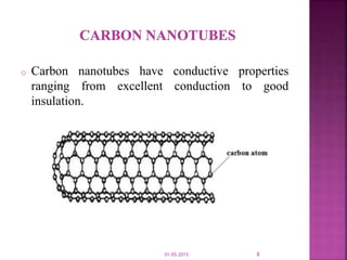 o Carbon nanotubes have conductive properties
ranging from excellent conduction to good
insulation.
01-05-2015 8
 